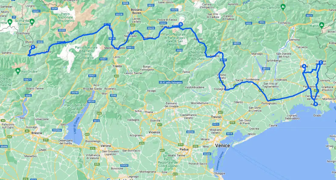 Northeast Italy itinerary map