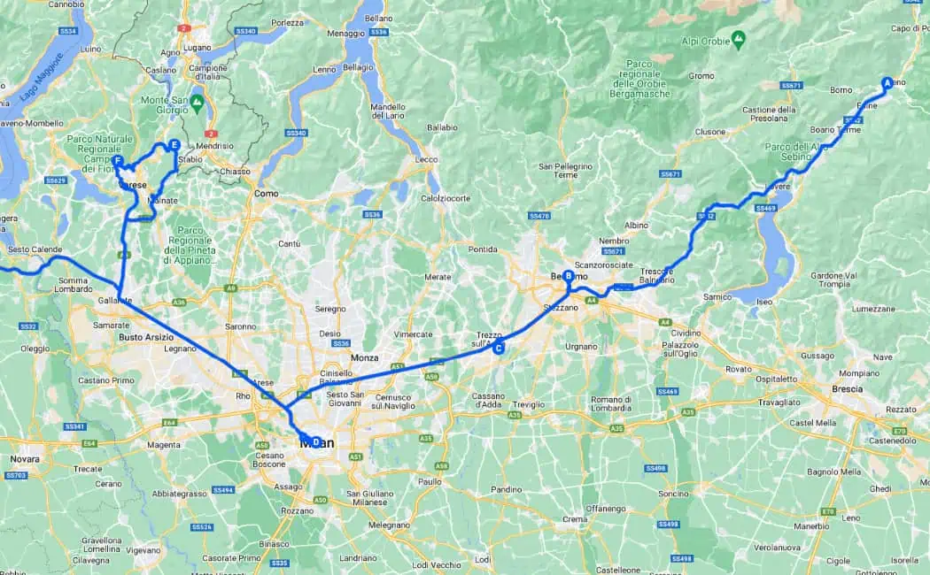 Lombardy itinerary map