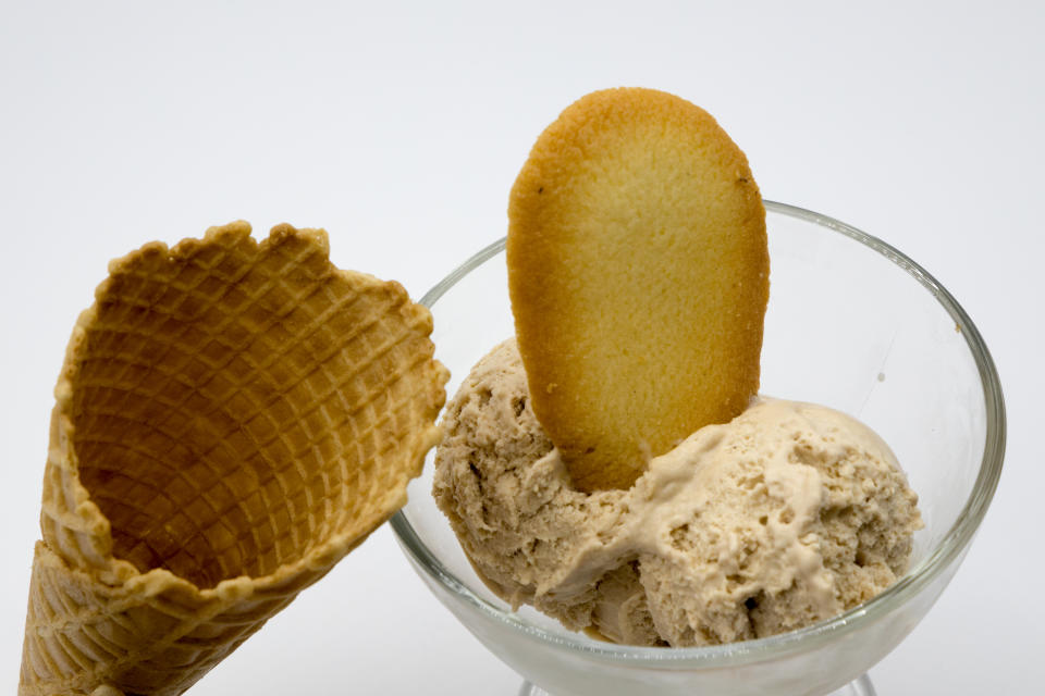 hazelnut ice cream, biscuit and cone