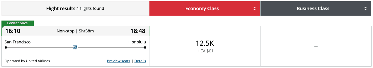 aeroplan sfo-hnl on united