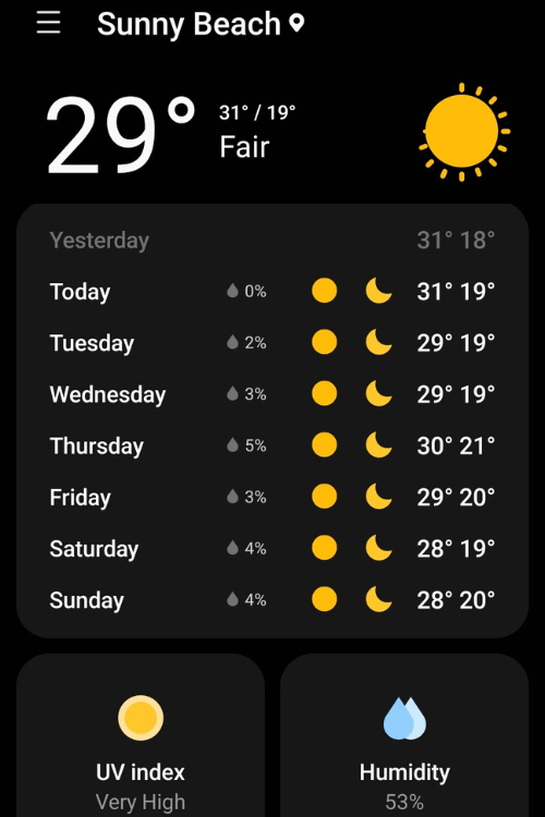 A weather forecast for Sunny beach that indicates all sun and clear night skies for an entire week.