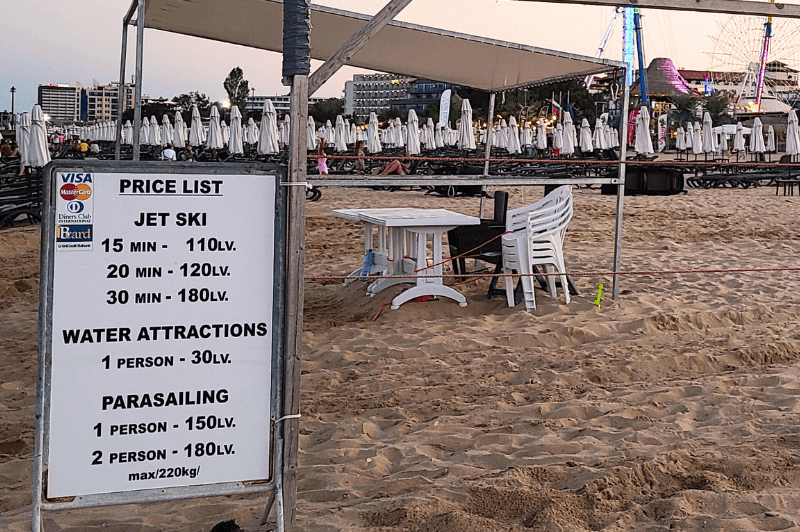 A price list for Jet Ski Rides, Water Attractions and parasailing. Parasailing is 130 lv for one, 180 lv for two. Jet Skis 110 lv for 15 minutes, 120 lv for 20 mins, and 180 lv for 30 mins. Water attractions 30 lv.