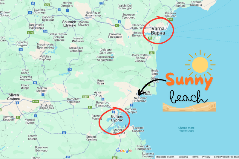 Map shows Sunny Beach Bulgaria marked between Varna and Burgas