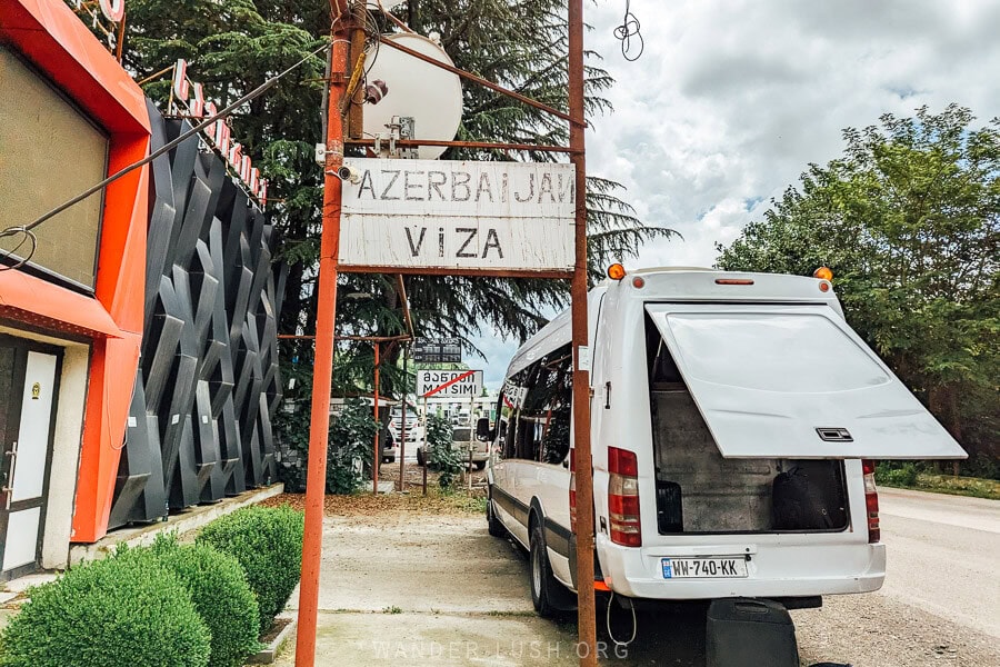 A van parked at the border between Georgia and Azerbaijan.