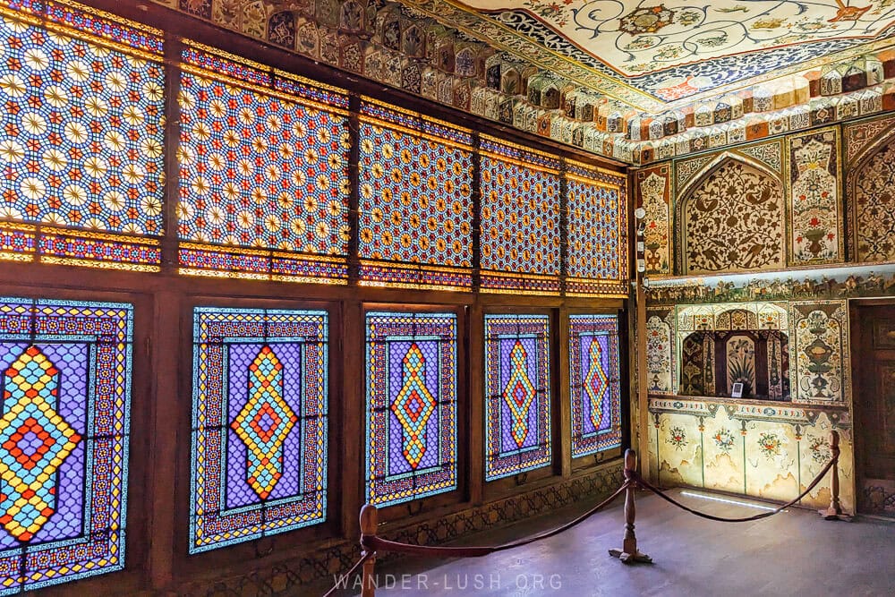 Stained glass and miniature paintings inside the Khan's Palace in Sheki.