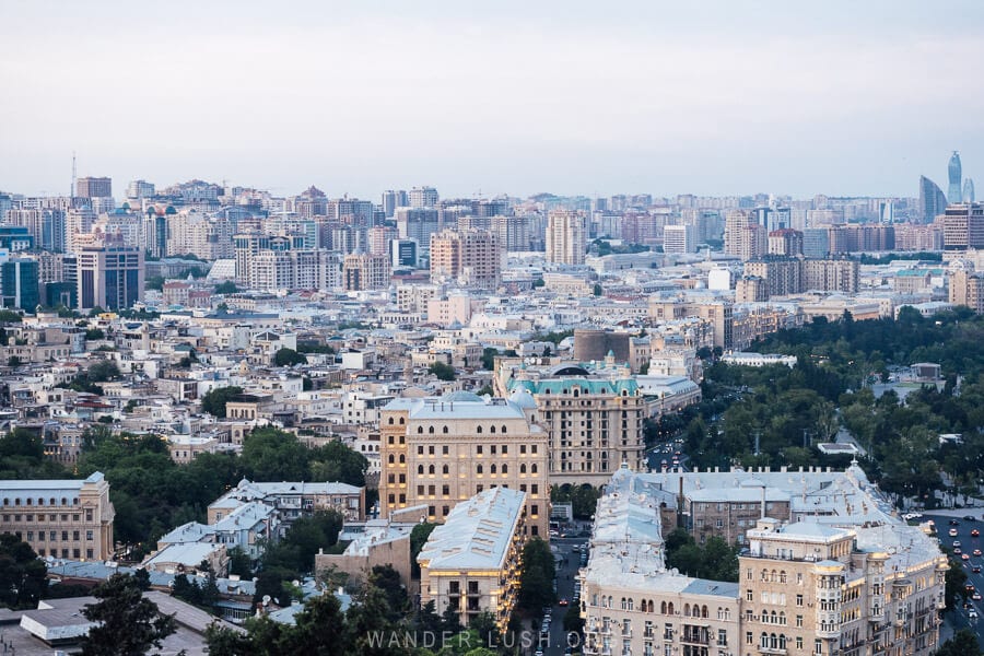 A view of Baku city at dusk from the Highland Park.