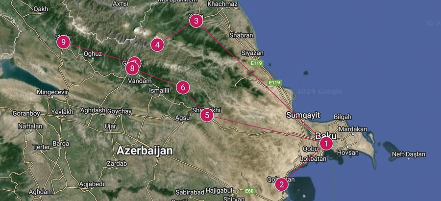 Map of an Azerbaijan travel itinerary.