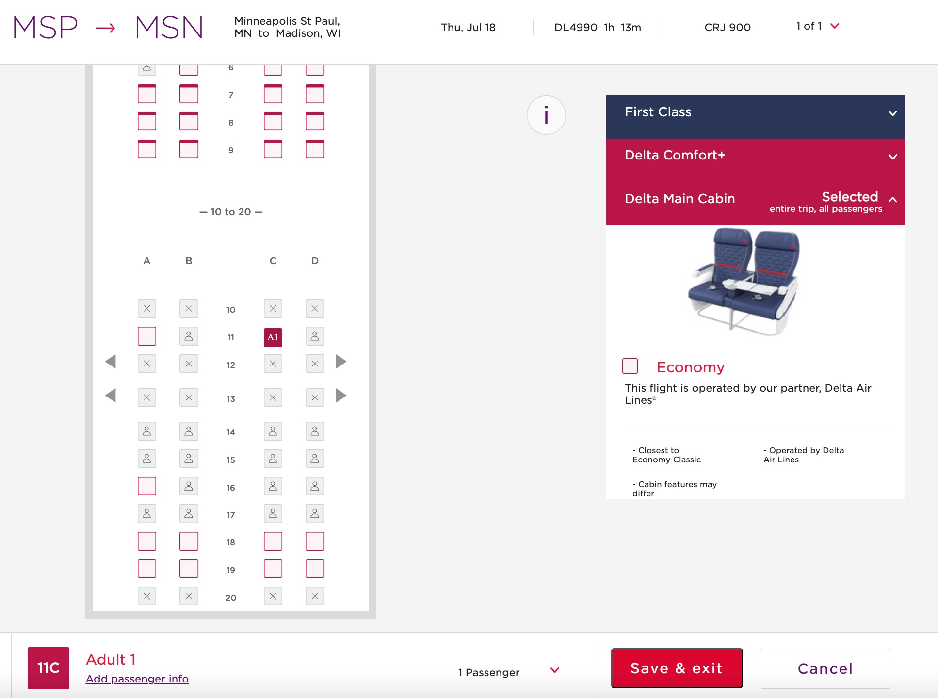 Virgin Delta award flight seat selection