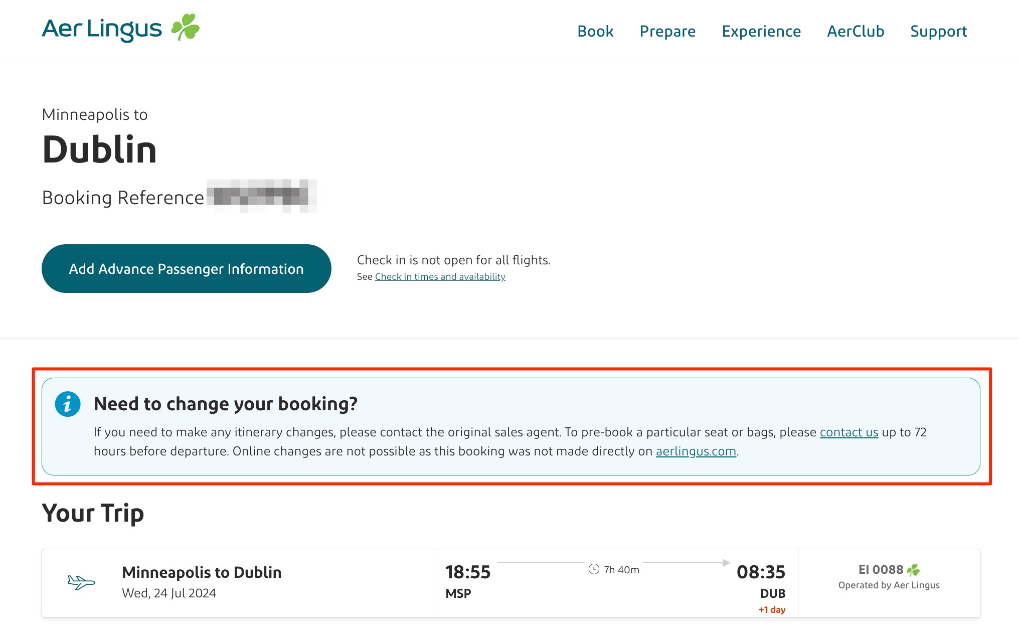 Aer Lingus biz class award flight booking