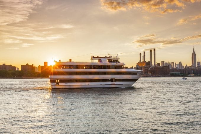 Cruise ship at sunset in New York