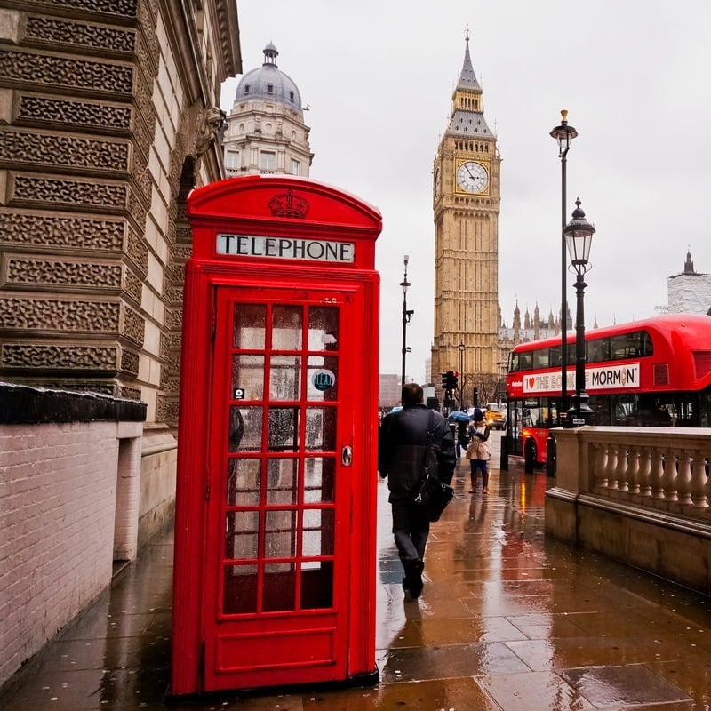 Iconic London Red Telephone Booth With Elizabeth Tower Big Ben Clock In The Background And Red London City Bus, Westminster, City Of London, United Kingdom