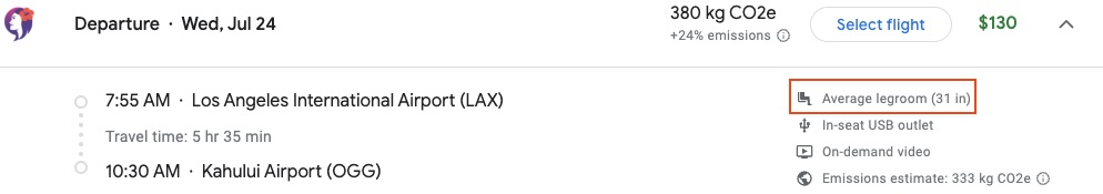 Google Flights Legroom