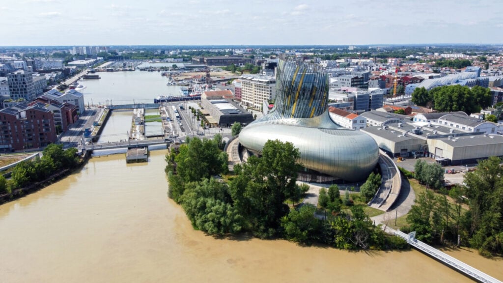 Aerial view of Bordeaux's Wine Museum La Cité du Vin and Bordeaux cityscape