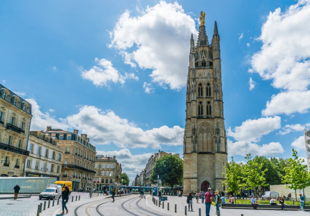 Tourists checking out the Pey Berland Tower in Bordeaux, France