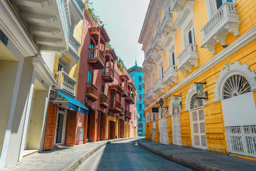 A beautiful colonial street in the walled city of Cartagena Colombia