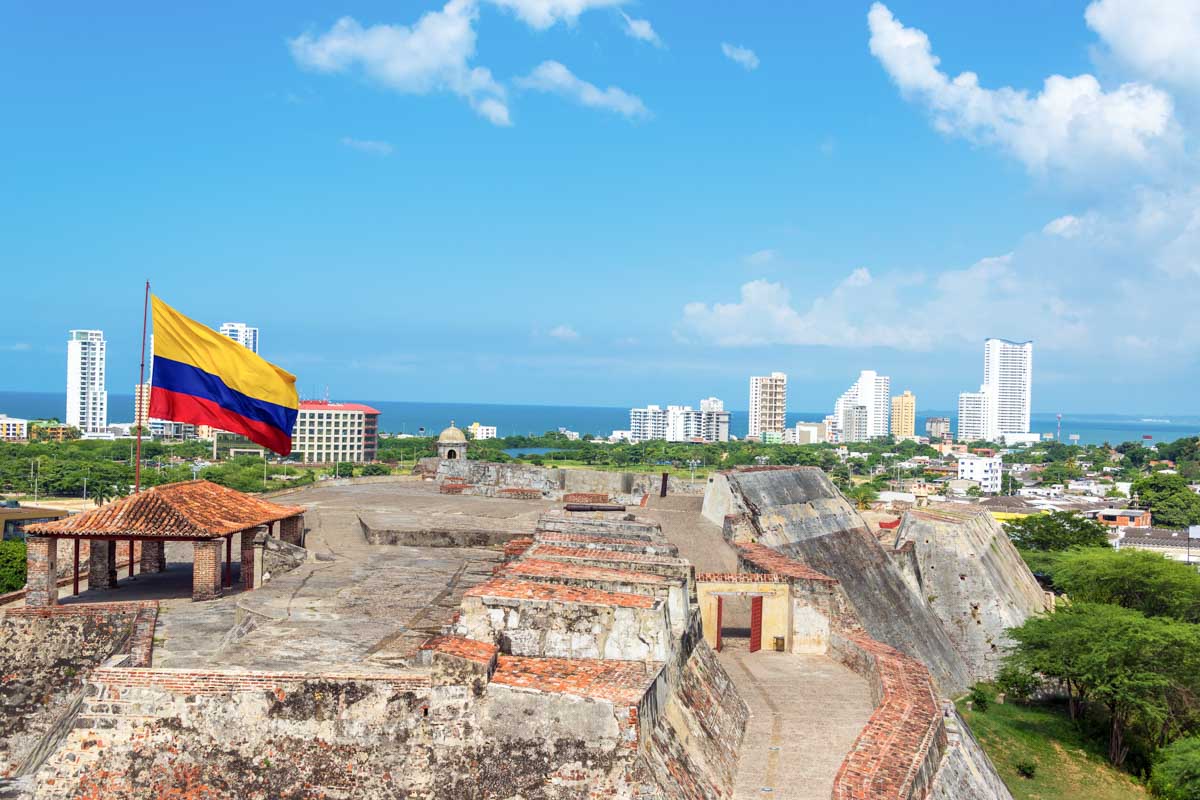 Castillo de San Felipe in Cartagena with a view of the modern city