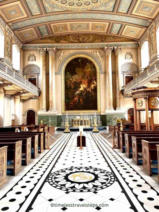 Interior view of the Chapel of St. Peter and St. Paul, featuring the altar adorned with maritime symbols, including a prominent anchor representing hope and steadfastness on the beautiful floor. The elegant neoclassical design includes grand columns and intricate details, creating a serene and reverent atmosphere. This is one of my favourite churches in London 
