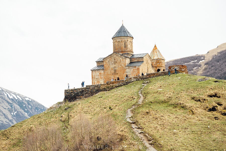 Gergeti Trinity, a stone Orthodox church on a mountain in Georgia.