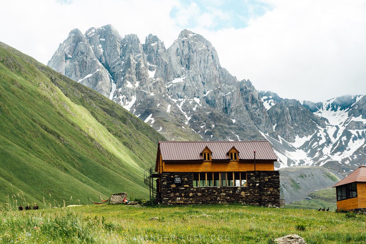 Fifth Season cabin against Mount Chaukhi in the Juta Valley, Georgia.