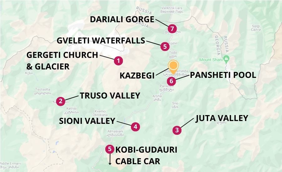 Map of Kazbegi day trips.