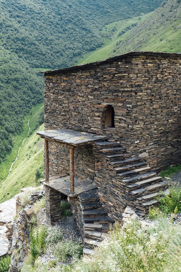 A stone tower house in the Caucasus mountains in Georgia.