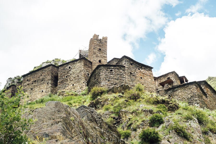 Looking up at the base of tower dwellings in the village of Mutso.