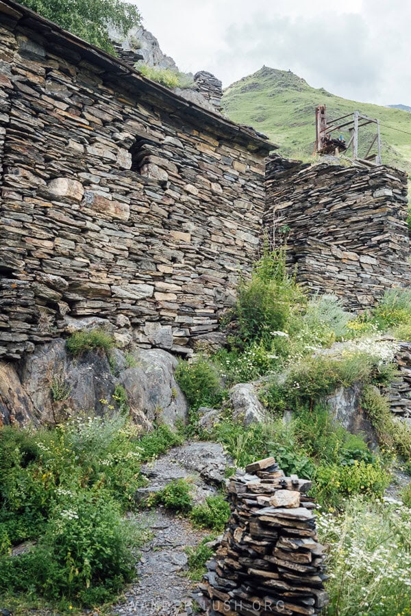 A narrow paths through stone towers in Mutso village in Khevsureti.