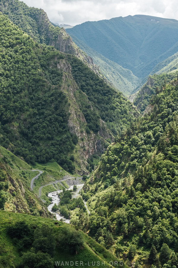 A green valley in Khevsureti, Georgia in summer.