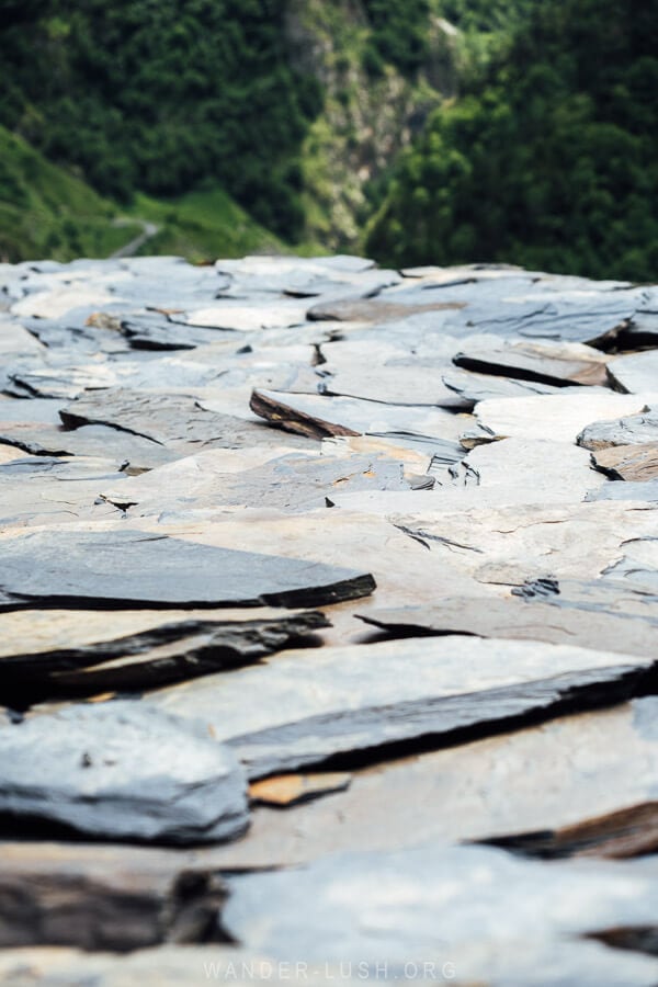 Details of a flat stone roof in the fortress-village of Mutso in Khevsureti.