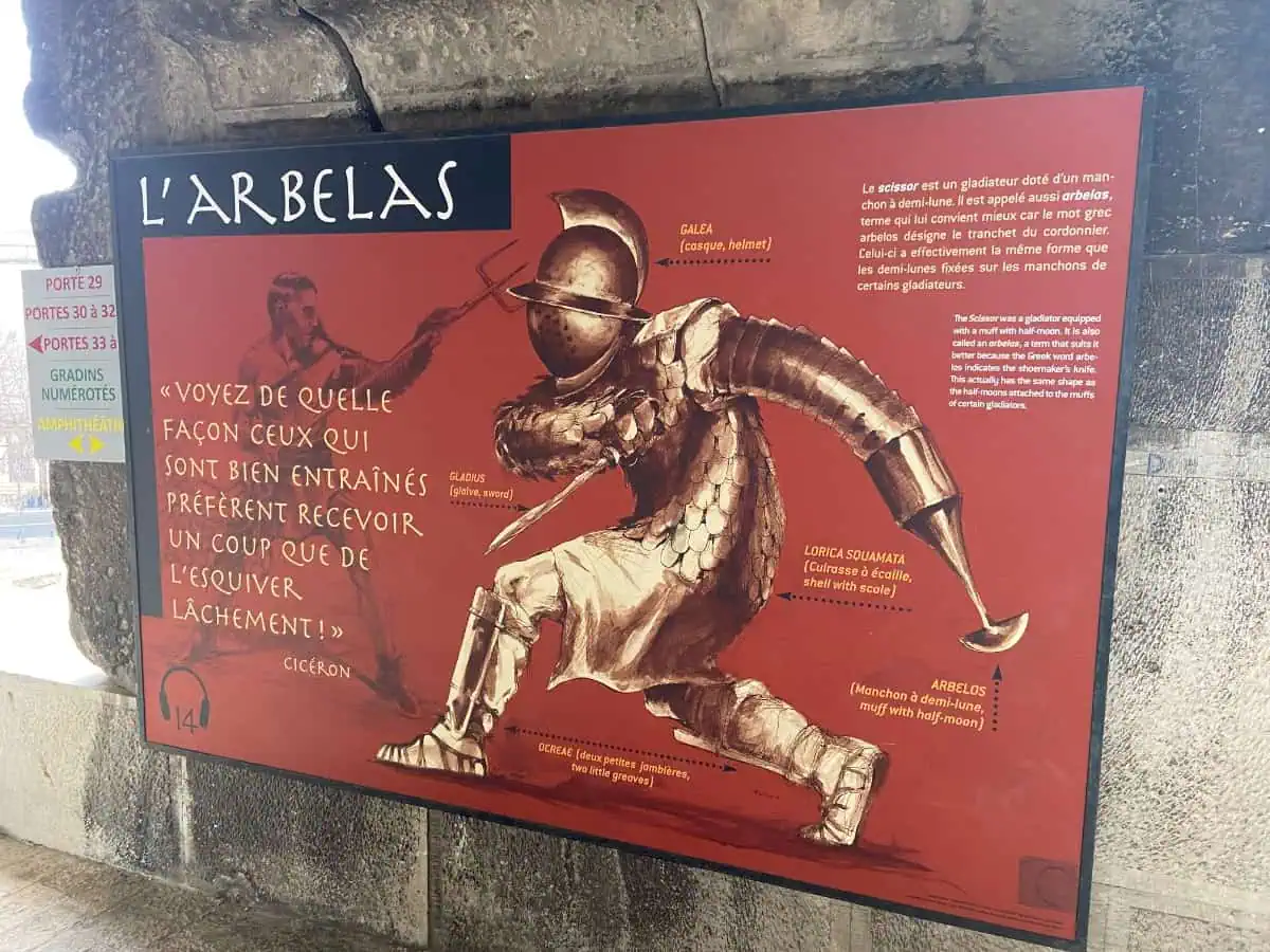 A board teaching us about one of the types of gladiators inside The Amphitheatre of Nîmes, France