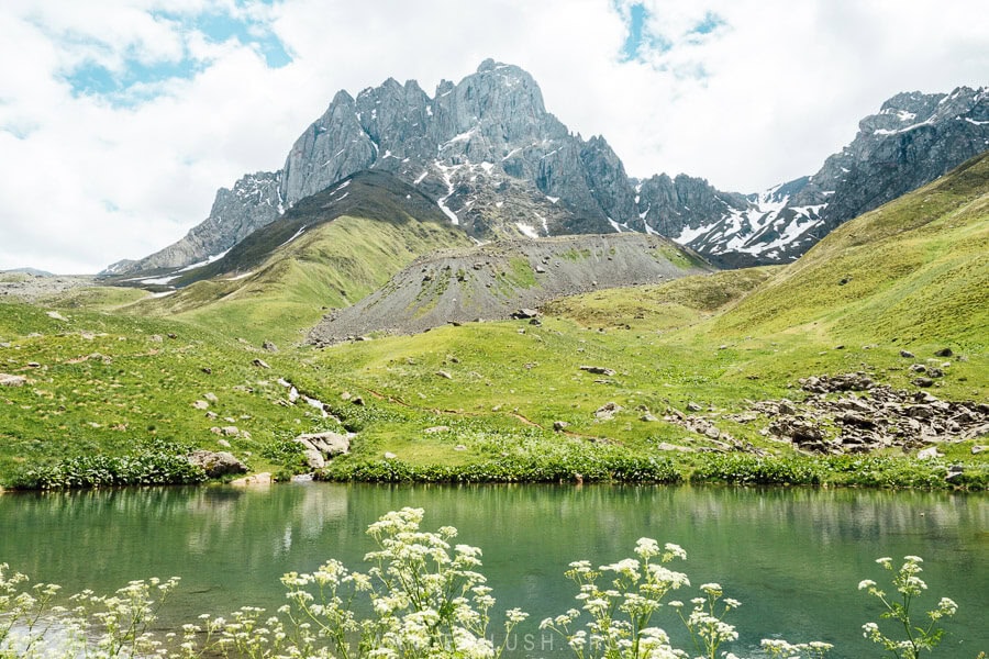 View of Chaukhi mountain from a small artificial lake.