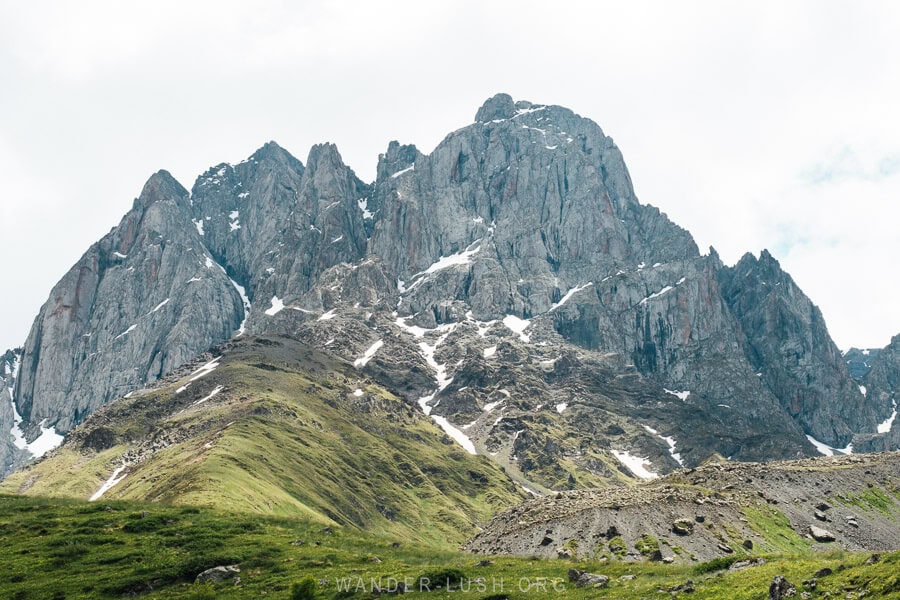 Details of Chaukhi Massive, a stone Dolomites-like formation in Kazbegi, Georgia.