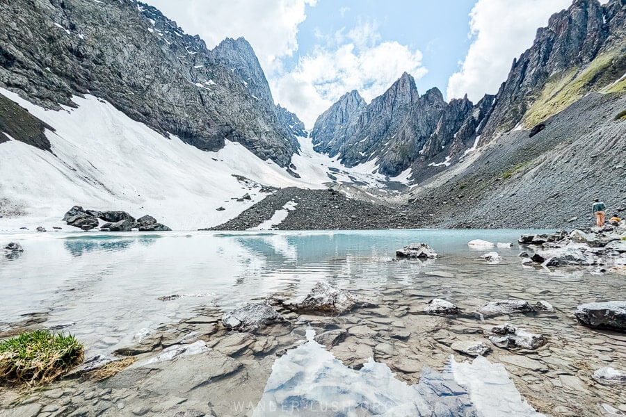 The White Abudelauri Lake and Mount Chaukhi, as seen from the trail from Roshka.