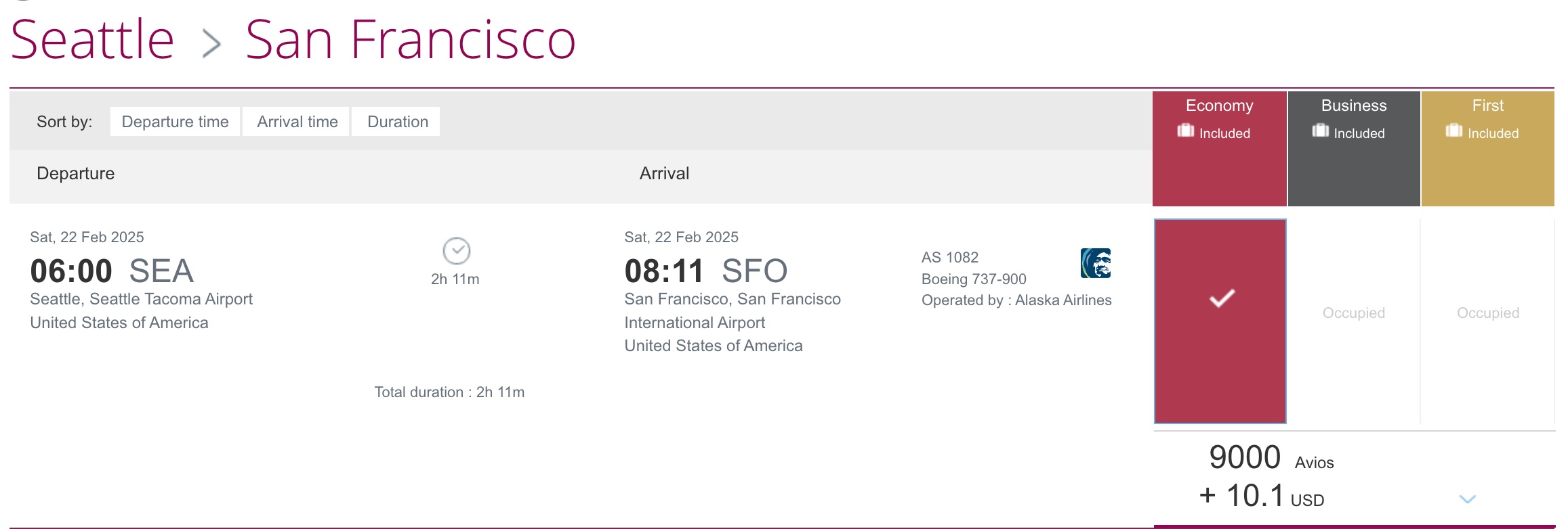 Qatar Avios booking (SEA-SFO)