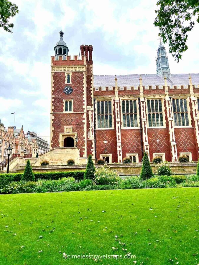 the clock tower at the great hall well maintained green lawns in the foreground to the great hall lincoln's inn london 