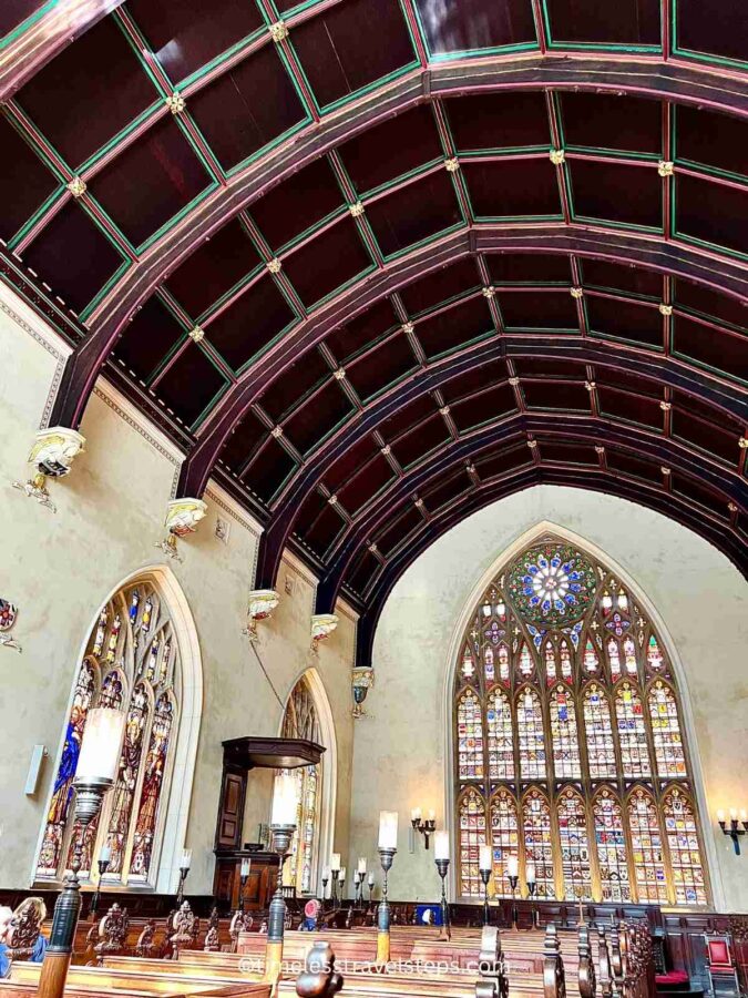 the interior of Lincoln's Inn chapel, the impressive wooden roof and the heraldic window