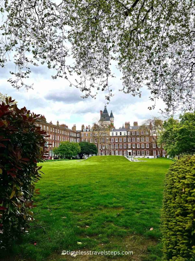 view of Lincoln's Inn gardens from one end of the quadrangle