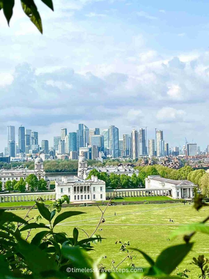 The View from Greenwich Hill; Greenwich Park towards Queen's House, Old Royal Naval College, River Thames and beyond, you see the skyscrapers of London business centre