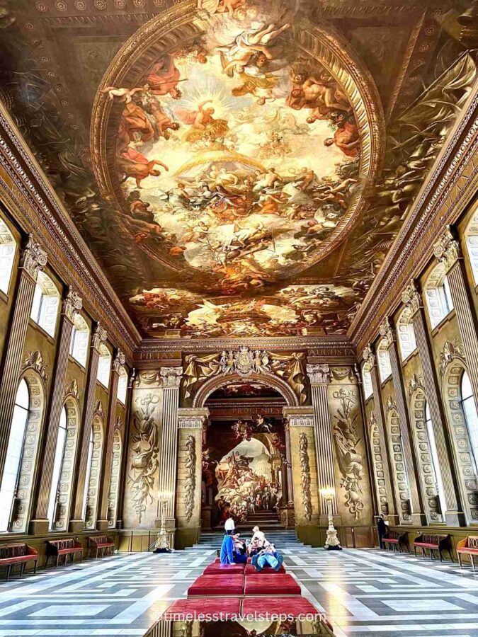 lower painted hall and a view of the ceiling. visitors on the day bed looking up at the ceiling with their multi-media kit