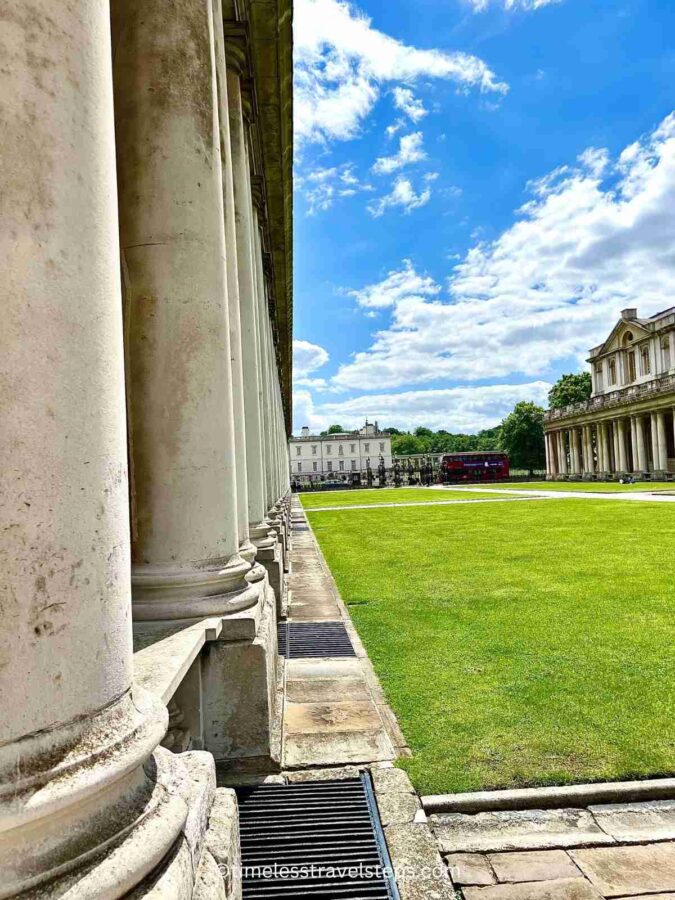 the meticulous design by Christopher Wren not sparing even an inch between the Queen's House and the colonnades of the Old Royal Naval College