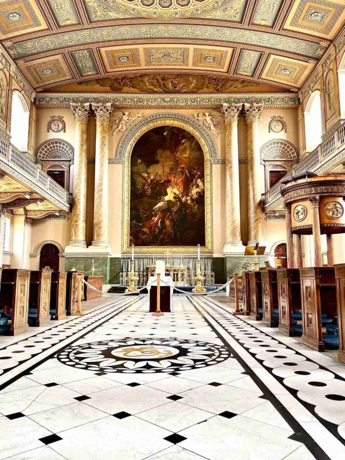 the beautiful marble floor and the intricate painting at the altar inside the chapel of St Peter and St Paul at the