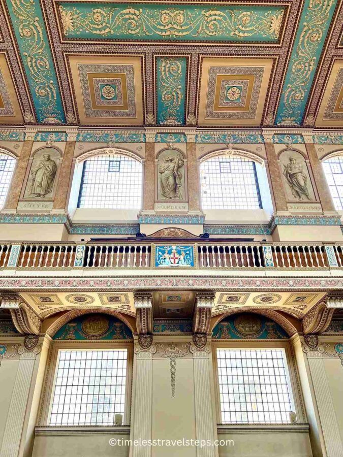  the beautiful ceiling in wedgwood blue and the intricate detail and design of the walls in the chapel 