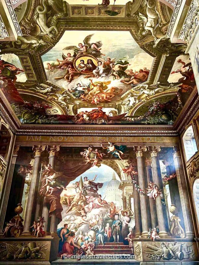 the artwork on the west wall and ceiling of the Upper Painted Hall 