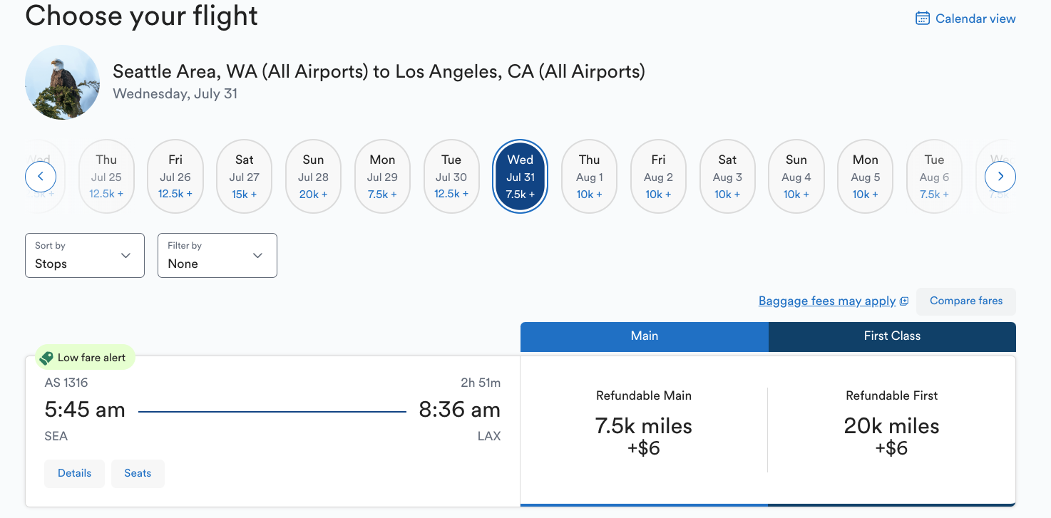 Alaska SEA to LAX award flight