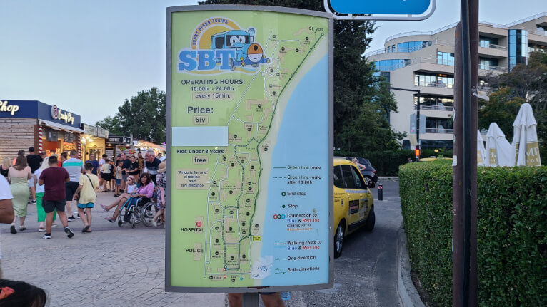 The sign for the Sunny Beach and Nessebar Tourist trains show a map of the routes.