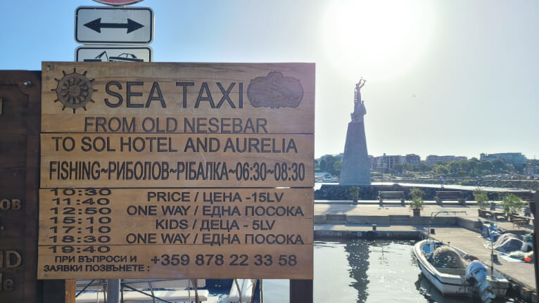 Sign in the Nessebar wharf reads "Sea Taxi from old Nesebar to sol hotel and Aurelie" 
Times are: 10:30, 11:40, 12:50, 15:10, 17:10, 18:30, and 19:40. One way price is 15 lev for adults and 5 lev kids.