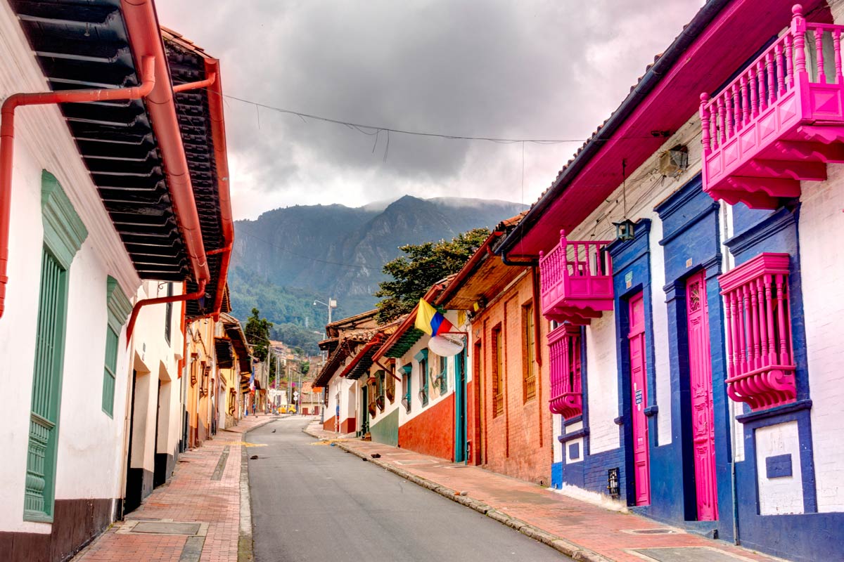 colorful historic neighborhood at La Candelaria in Bogota, Colombia