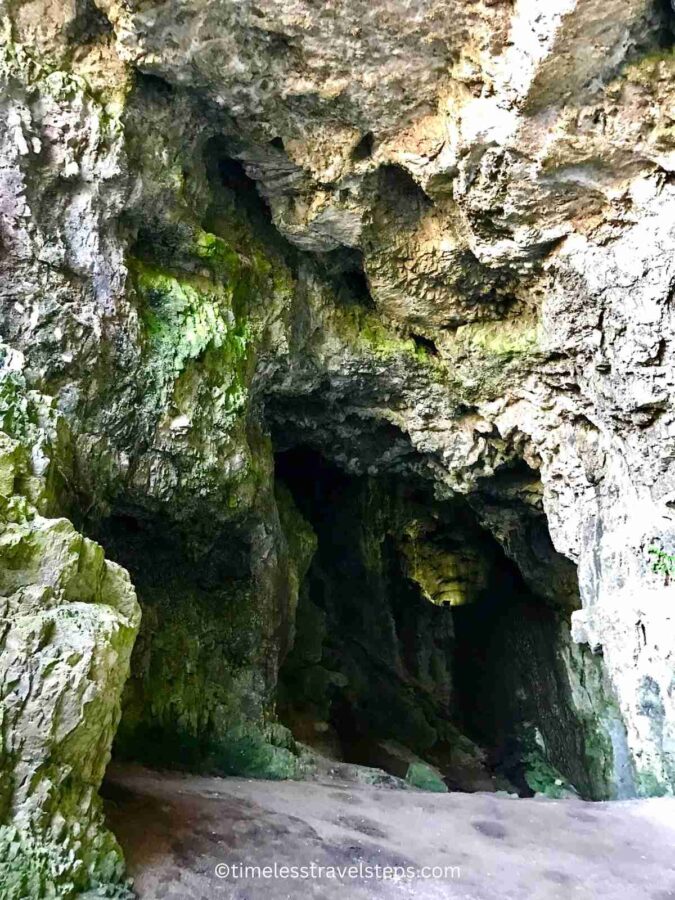 limestone rock formations inside Smoo Cave, showcasing intricate textures and patterns. The limestone is illuminated by natural light highlighting the rugged, weathered surfaces and the unique geological features that make the cave a fascinating natural wonder.
