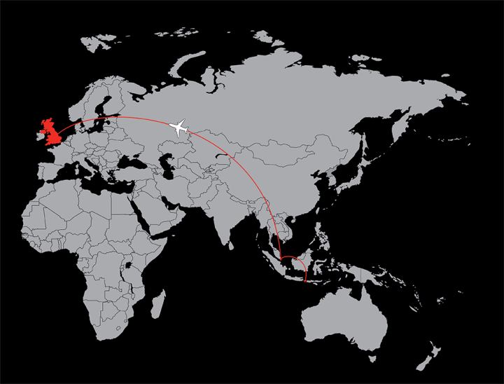 bali to london medical evactuation flight path map