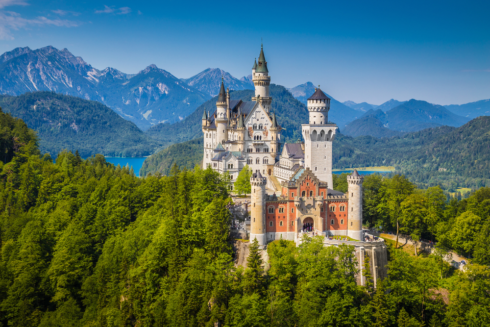 Neuschwanstein castle in Bavaria in a clear sky day.